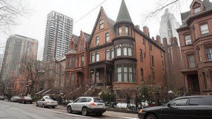 Obraz premium Brick Houses on Snowy City Street with Modern Highrises