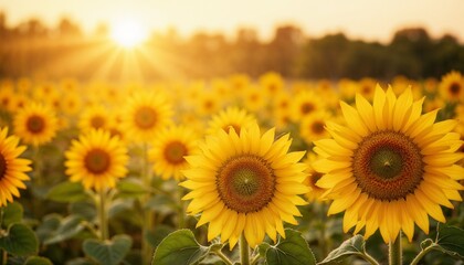 Fototapeta premium A field of vibrant sunflowers basking in the golden glow of the setting sun, with the sun shining brightly over the flowers and creating a peaceful and radiant atmosphere in nature.