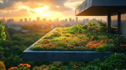 Rooftop garden with orange flowers at sunset, overlooking cityscape.