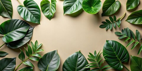 Fototapeta premium Lush Green Tropical Foliage Arranged in a Circular Frame on a Beige Background, Perfect for Nature-Inspired Designs and Projects
