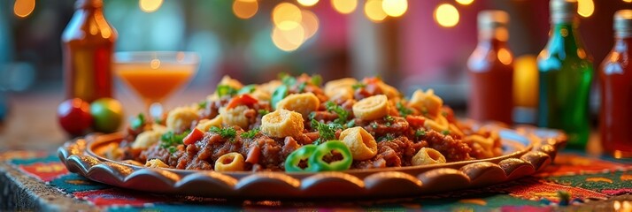 Naklejka premium Spicy mexican dish with tortellini and jalapenos garnished on a festive table setting