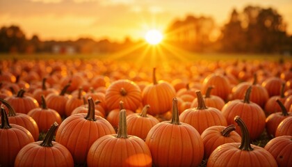  A pumpkin patch full of ripe pumpkins ready for harvest with golden light from the setting sun casting a warm glow over the field, creating a cozy and peaceful autumn scene during harvest time.