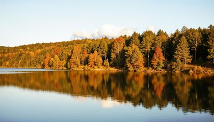 Obraz premium Reflections of colorful autumn trees along the calm surface of a lake, creating a tranquil and serene fall landscape with vibrant red, orange, and yellow foliage mirrored in the water.
