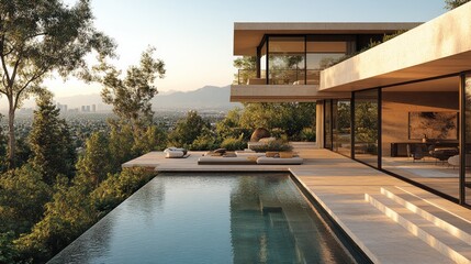 Modern luxury house with infinity pool overlooking a scenic valley at sunset.
