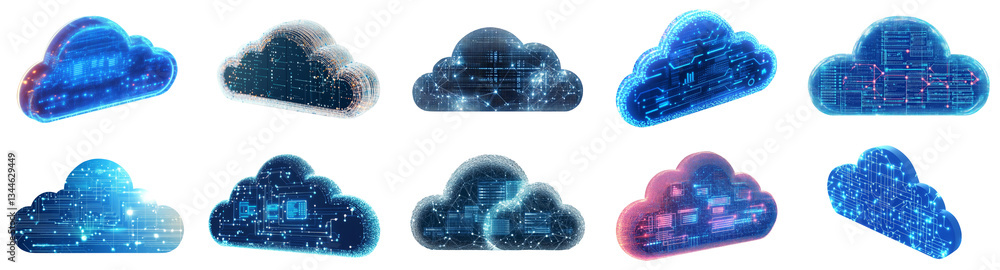 Poster set of digital cloud with data and technology elements isolated on transparent background