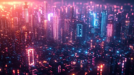 Obraz premium Futuristic cityscape at night with vibrant neon lights and glowing skyscrapers.