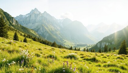 Obraz premium A stunning view of mountains in the distance, covered in green meadows dotted with colorful wildflowers, illuminated by the bright sunlight on a clear day.