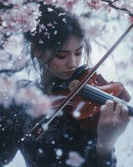 Fototapeta premium Violinist captivates under flowering cherry blossoms in serene spring moment