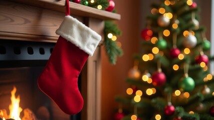 A red stocking hanging near the fireplace in the room, with a Christmas tree in the background.
