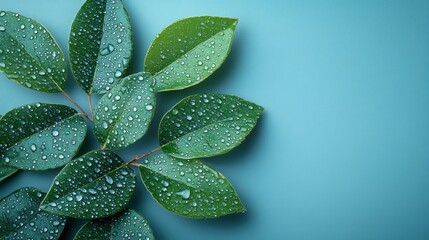 Dewy green leaves arranged on a teal background, leaving copy space.