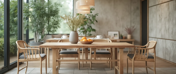 rustic wooden dining table with rattan chairs in a minimalist setting
