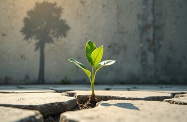 Small green sprout grows through cracked concrete, big tree shadow on background. Recovery and challenge in life or business concept, economic crisis symbol, restart and germinating after disaster.