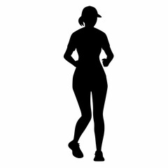 Silhouette of a woman tennis player in a dynamic pose, black vector illustration showcasing athletic movement and beauty