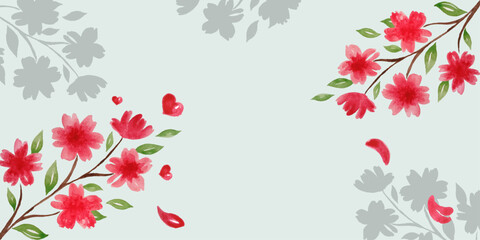 Background frame with branches of spring flowers and leaves in vector, in watercolour style.