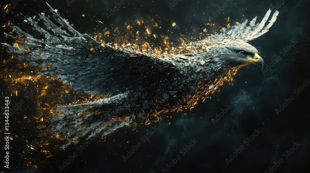 Poster an eagle appears to disintegrate as it moves through space