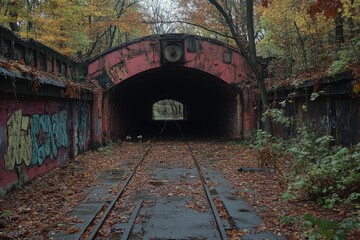 Obraz premium Abandoned Railway Tunnel Autumn Leaves Overgrown Tracks