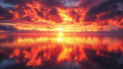 Naklejka premium Fiery sunset over calm ocean, reflecting vibrant colors in the water.
