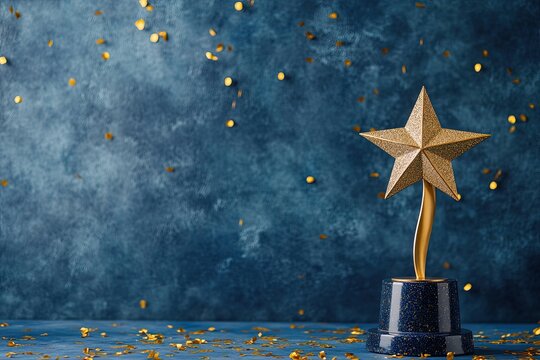 A blue background with a gold star signifies a top performance award. It highlights victory, goal achievement, and recognition, featuring a winner's cup, certificate, and first place in gaming, all