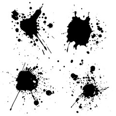 Black Ink Splatters and Grunge Stains on White Background