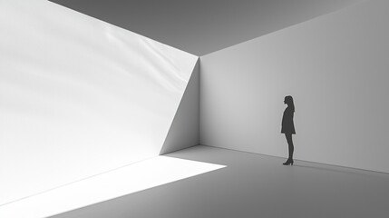 Fototapeta premium Woman in modern abstract architectural space with light streaming in