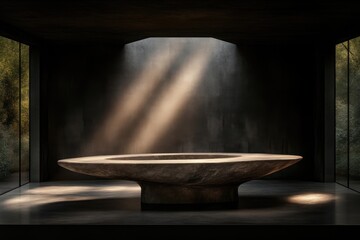 Dark, modern interior with a large, organic table. Sunlight streams into the room, highlighting the textured surfaces