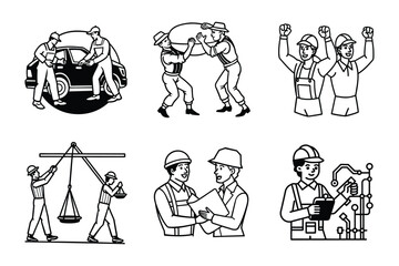 Set of cartoon people and icons in various styles including business, fashion, and robots, with illustrations of men, women, children, and silhouettes in a colorful vector design.