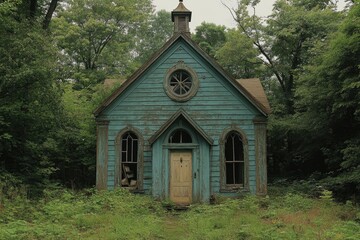 Abandoned Teal Wooden Chapel Overgrown With Vegetation