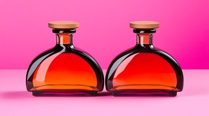 Two amber bottles on a pink backdrop for cosmetics