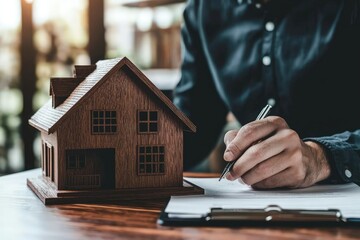 Fototapeta premium A real estate agent signing paperwork beside a wooden house model, symbolizing home buying, mortgage agreements, and property investment. Ideal for real estate marketing, financial services