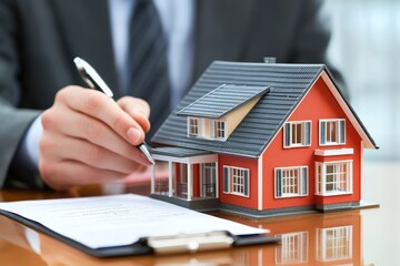 Fototapeta premium A real estate agent in a suit signing a contract next to a detailed house model, representing home sales, property investment, and mortgage agreements. Ideal for real estate marketing