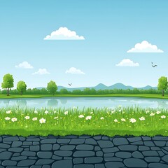 Lakeside Spring Meadow for Cobblestone Path.
