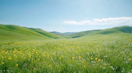 Obraz premium Vibrant Springtime Meadow with Green Hills Under Clear Blue Sky