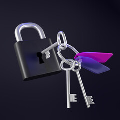 A 3D render of a black lock that has been unlocked using one of the metal keys on the keyring.
