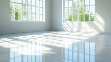 Fototapeta premium Bright Sunlight in a Minimalist White Room with Shiny Tiled Floor