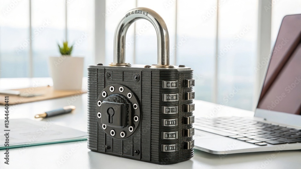 Poster a combination padlock rests on an office desk next to a laptop computer, symbolizing data security a