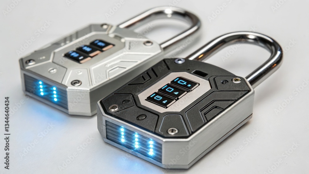 Aufkleber two high-tech padlocks showcasing a modern and secure design, featuring illuminated displays and com