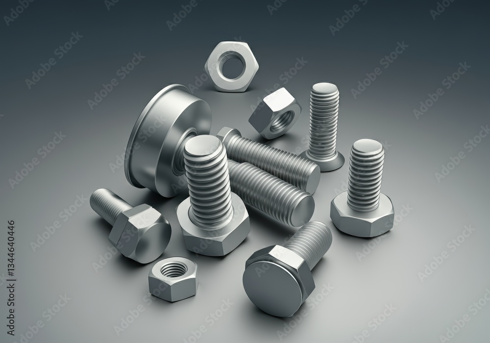 Poster assorted metallic bolts and nuts arranged artistically on a gradient background