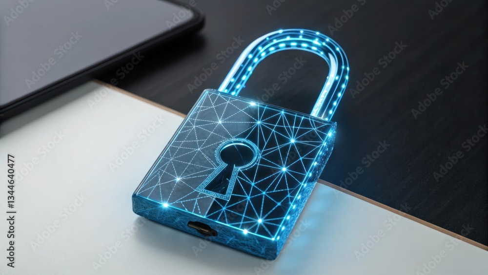 Poster a glowing padlock icon representing data security and protection. a modern design signifies digital 