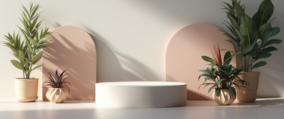 minimalist scene featuring a white cylindrical pedestal surrounded by potted plants in a softly lit room
