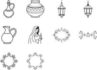 Ramadan Kareem Icon Set Traditional Arabic Items, Lanterns, Woman Holding Candle, and Floral Frames Black and White Outline
