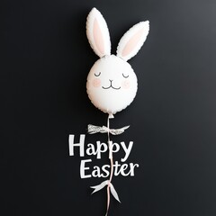 Happy Easter Celebration with White Bunny Balloon and Festive Message on Dark Background 