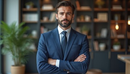 Fototapeta premium Confident well-dressed man in blue suit and tie stands in office. Bookshelves and indoor plants add style. Successful businessman poses with crossed arms at workplace.