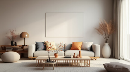 calming minimalist living room interior featuring a beige sofa and natural light