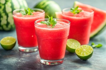 Three clear glasses filled with vibrant pink watermelon lime slush are garnished with fresh mint leaves
