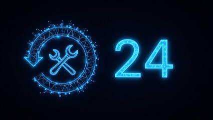 Glowing blue wireframe wrench illustration for 24hour service