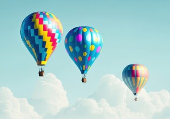 Naklejka premium Colorful hot air balloons floating above fluffy clouds in a clear sky