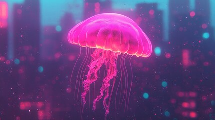 Neon Jellyfish Swimming Through Urban Cityscape at Night