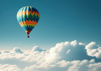 Naklejka premium Colorful hot air balloon soaring above fluffy clouds in a clear sky