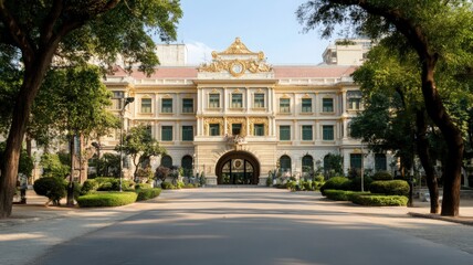 Obraz premium Grand Ornate Building with Gold Accents and Lush Landscaping
