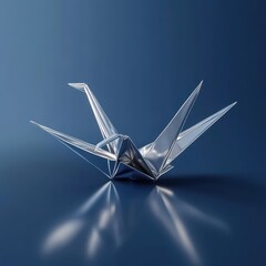 Shiny Metallic Paper Crane Artfully Displayed on a Blue Gradient Surface
